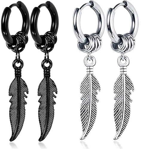LYQNIHOB Set aus 2 Paaren silberner und schwarze Edelstahl-Ohrringe für Herren und Damen, Feder-Ohrringen, Geeignet für Männer und Frauen ohne Ohrlöcher als Ohrclips oder als Creolen mit Anhängern