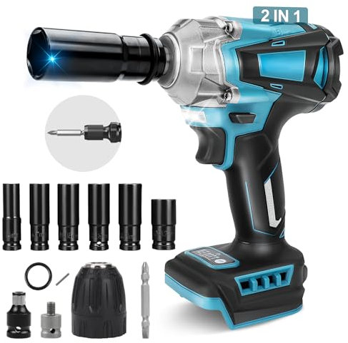 Clé à Chocs Sans Fil Brushless Compatible avec Makita 18 V 1/2 750Nm Boulonneuse à Choc Electrique Batterie Visseuse à chocs avec 6 Douilles à Chocs pour la Voiture et la Maison (sans batterie)