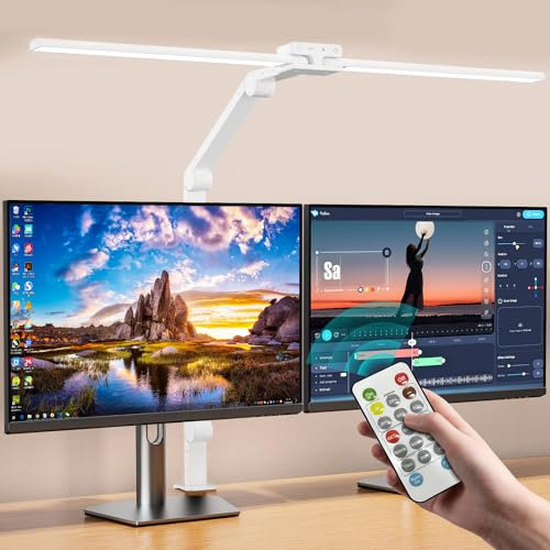 KableRika Schreibtischlampe LED Dimmbar mit Fernbedienung, 24W Doppelkopf Schreibtischlampe Klemmbar, Augenschutz Schreibtischleuchte für Homeoffice, büro tageslichtlampe, Monitor Lampe - weiß
