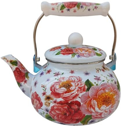 SiaBiced Induktions-Wasserkocher 2,5 L Retro-Emaille-Teekanne, Flötenkessel mit emailliertem Griff, Automatisch pfeifender Teekessel Kaffeekanne für Induktion, Gasherd, Elektroherd, stil a