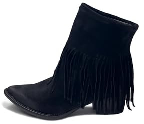 Vyjoù ®️ GRISELLE Stivaletti Camperos Texani Tacco Primaverili alla caviglia in CAMOSCIO NERO con frange Made in Italy (CAMOSCIO NERO, Sistema Taglie Calzature EU, Adulto, Donna, Numero, Media, 35)