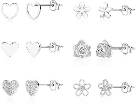 Silber 925 Ohrringe Set für Damen, 6 Paar Kleine Zirkonia Ohrstecker Hypoallergen Niedlich Herz Ohrringe Kleine Ohrstecker Klein Blumen Ohrsteck Ohrring Packung für Damen Mädchen