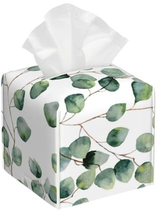 Quadratischer Taschentuchbox-Halter, Aquarell, Grün, Blumenmuster, Eukalyptus, runde Blätter, Taschentuchbox, Abdeckung, Würfel für Badezimmer, Schlafzimmer, Esstisch, Büro, Küche