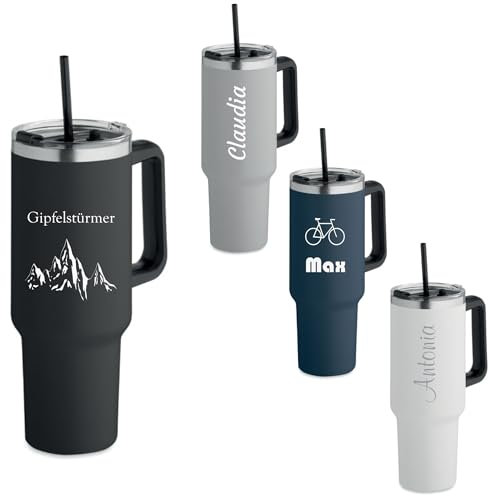 Schmalz® Personalisierter doppelwandiger Trinkbecher SUMA mit Strohhalm und Henkel aus recyceltem Edelstahl inkl. Gravur graviert, Thermobecher mit Deckel Trinköffnung Trinkhalm 1200 ml