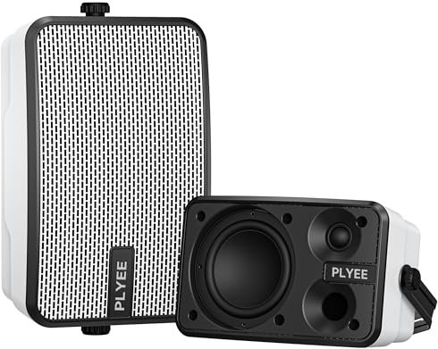 Plyee Audio Altavoces Bluetooth 400W, IPX5 Impermeable, Graves Potentes, Sincronización Inalámbrica con 100 Altavoces, Montaje en Pared para Patio, Veranda, Garaje, Pareja, Beige (MZ-621)
