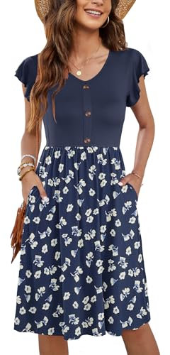 MOLERANI Summer Dresses for Women UK Ruffle Sleeve Sundresses V Neck Ladies Dress Casual Beach Dresses Elastic Waist Midi Dress with Pockets Floral Navy 2XL
