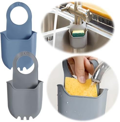 LS-LebenStil Silikon Schwammhalter 2´er Set Wasserhahn Halterung für Küchenspüle Waschbecken Abtropfhalter Hängekorb zum Einhängen am Wasserhahn als Spülschwammhalter Seifenablage Küche Bad