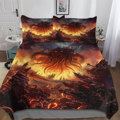 AAPZY Cthulhu-Invasion 3D Muster-Bettwäsche-Set 3teilig Mit Bettbezug Und Kissenbezug, Für Jungen Mädchen Schlafzimmer Atmungsaktiv Mikrofaser Bettbezüge Bettgarnitur King (220x240cm)