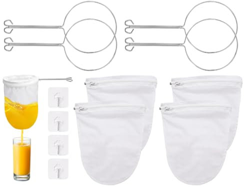Kellegour 4 pack Nussmilchbeutel mit Ständer,Baumwolle Siebbeutel mit Reißverschluss,Nylonfilterbeutel mit hoher Dichte,Waschbar Nut Milk Bag,Nussmilchsieb für KücheKäse Beeren Nussmilch Suppe Säften