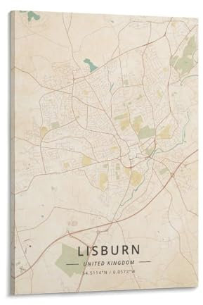 LZTEN Lisburn Poster mit Karte des Vereinigten Königreichs, Vintage-Druck, Leinwand, Poster, Wandkunst, Schlafzimmer, Büro, Raumdekoration, Geschenkrahmen, 60 x 90 cm