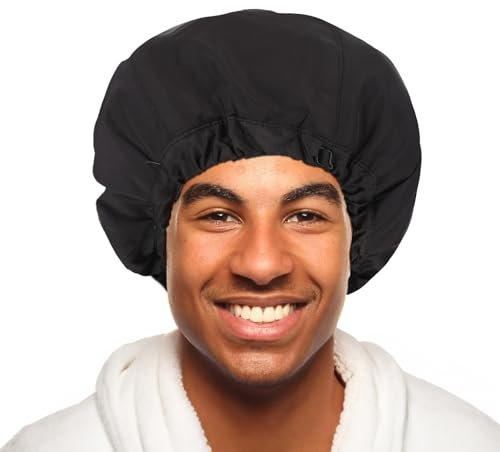 Qinayu Shower Cap for Men Elastic Adjustable Black Bath Cap Waterproof Terry Lining Hair Bonnet Large Soft Reusable Hair Cap Checkered Patter Hem Hair Double Layer Hat Cover for Bath(Black)