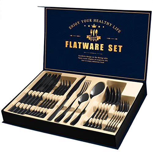Black Cutlery Sets, Stainless Steel 24-Piece Cutlery Set with Mirror Finish, Dishwasher Safe Silverware Set for 6 People, Black Knife and Fork Set with Gift Box