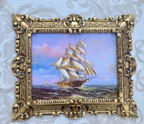 Pintici Wandbild Schiff auf hoher See Gerahmte Gemälde Segelschiff Kunstdruckbild Klassisches Klipper Schiff Seelandschaft Maritime Wanddeko Segel-Schiff auf stürmischer See (Gold)