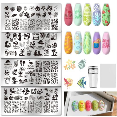 UNICRAFTALE 4Pcs Nails Stamping Plates Set Summer Beach Hawaii Nail Art Stamper Templates Stainless Steel Nail Stencil Kit with Stamp and Spacer for DIY Home Salon Manicure Design Supplies Tools