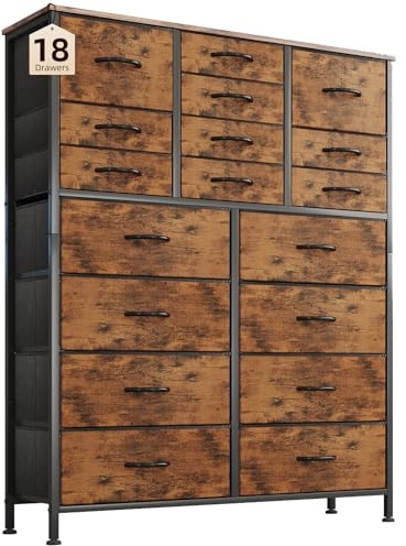 CAIYUN Kommode 96 x 30 x 143 cm, 18 Stoffschubladen, für Schlafzimmer | Stoffkommode als Aufbewahrungsschrank, drei Schubladengrößen, rustikal-industriell, inkl. Montagematerial, für Flur und Büro