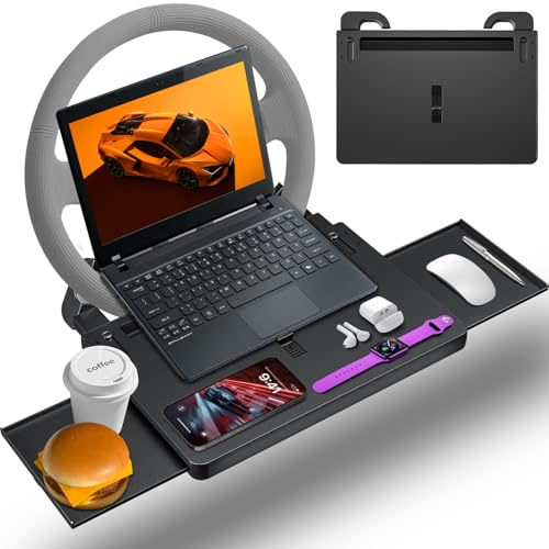 WAPEXNOS Steering Wheel Tray, Car Food Tray, Car Desk for Laptop, Multipurpose Car Table for Eating & Work, Adjustable Car Tray with Drawer and Anti-Slip Protective Adhesive