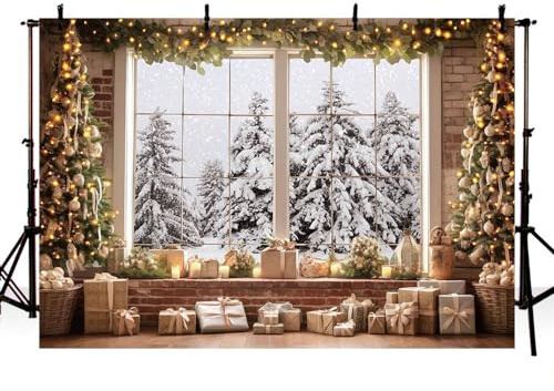MEHOFOND 3 x 2,1 m Weihnachts-Hintergrund für Fotografie, Winterlandschaft, Ziegelmauer, Fensterboxen, Lichterketten, Hintergrund, Erwachsene, Kind, Portrait, Zuhause, Party, Dekoration, Banner