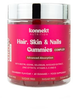 Hair, Skin and Nail Gummies - Biotin 5000mcg, Selenium, Iodine, Zinc & Avocado Extract - Hair Vitamins Complex - Vitamins A, C & D - Sugar Free - Hair Growth, Stronger Nails & Skin - 60 Gummies