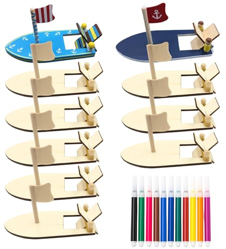 JazRvr 10 Stück DIY Holz Segelboot Set für Kinder, Basteln Kinder, Holz Segelboot Bausatz Kinder, DIY Holz Segelboot Set mit 12 Aquarellstiften für Kreativität und Spielspaß, Kreativen Denkens