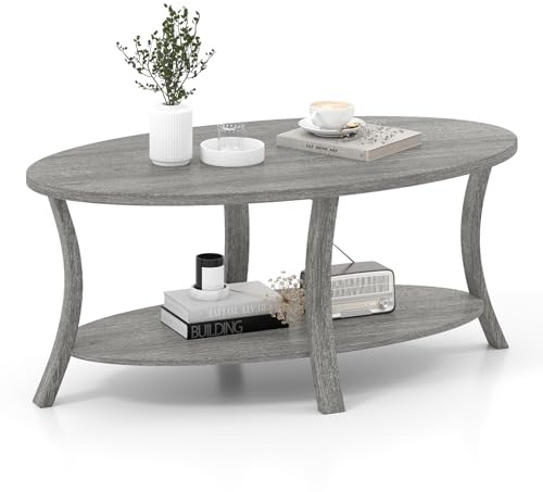 COSTWAY Couchtisch, ovaler Wohnzimmertisch mit Ablage, 2-stöckiger Beistelltisch, Sofatisch, Kaffeetisch für Wohnzimmer, Büro, Empfangsbereich, 111 x 60,5 x 47 cm (Grau)