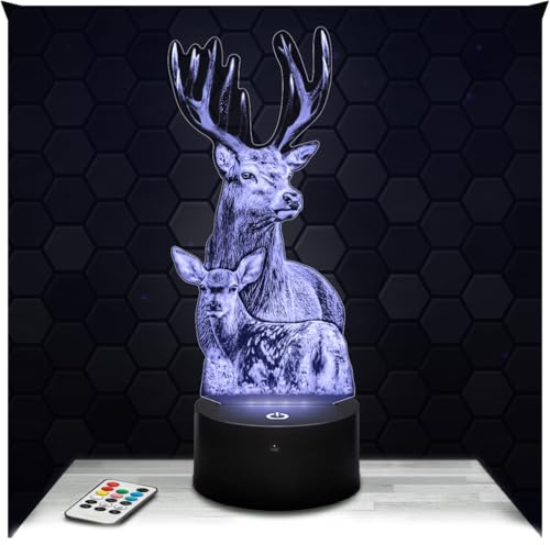 Lampephoto.fr - Lampe Hirschkuh & Hirsch 3D Touch Nachtlicht Geweihträger | Made in France, Sockel & Größe wählbar, dimmbar, Batterie/USB, HD-Lasergravur, Geschenk für Sie & Ihn