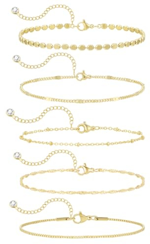 Emibele Goldarmbänder für Damen, Zierliche, Verstellbare, 14-karätig Vergoldete Armbandkombination, Elegante Perlenarmband-Sets, Verstellbare Kubanische Gliederarmbänder mit Perlen für Damen