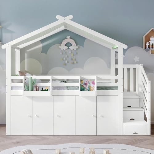 Merax Etagenbett mit Fallschutzgitter, Kleiderschrank und 2 Schließfächer, Kinderbett mit 3 Stauraumschubladen in der Treppe, Weiß + Grün, 90x200cm