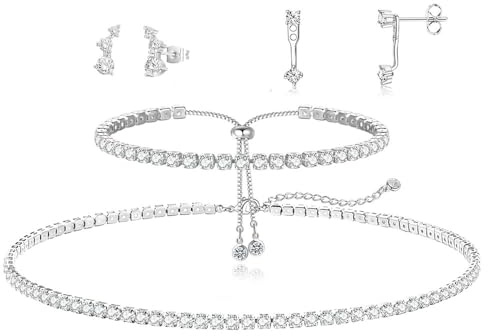 XFSRG Tennis Schmuckset Damen Tennis-Armbänder Silber-Halskette 2 Paar Diamant-Ohrringe Hochzeitsschmuck Braut für Hochzeit Date und Geburtstag