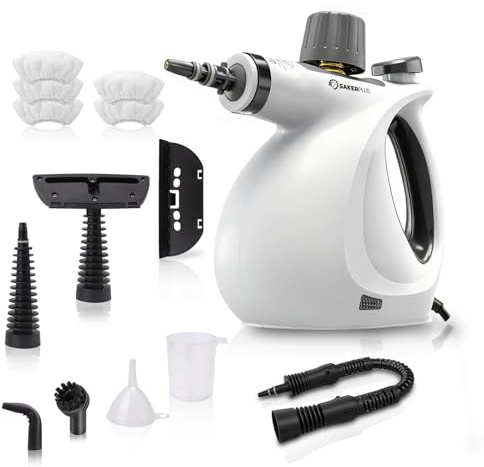 Sakerplus Steam Cleaner, Handheld Pressurised Steamer, 110°C Steam in 3 Minutes, 3.5 Bar Portable Steam Cleaner with 9-Piece Accessories for Bathroom&Kitchen (1 Steam Cleaner Kit + 4 Fiber Cloths)