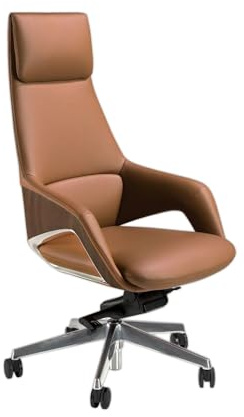 Angel Cerdá – Premium Drehbarer Bürostuhl, Bezogen mit braunem Kunstleder | Ergonomischer Bürostuhl mit breiter Rückenlehne und Armlehnen | Verchromte Beine mit Rollen | 67 x 69 x 121 cm