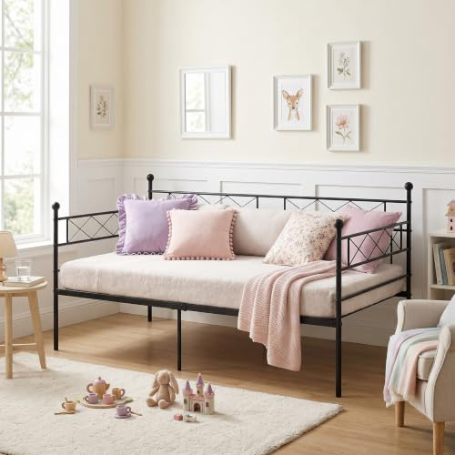 Daybed Outdoor Sofa Bett Bettgestell für 90x190CM Matratze Schwarz(Stil-B) | Familienbett Gästebett Metallbett Couchbett Sofabed Tagesbett Jugendbett Einzelbett für Schlafzimmer Wohnzimmer Veranda