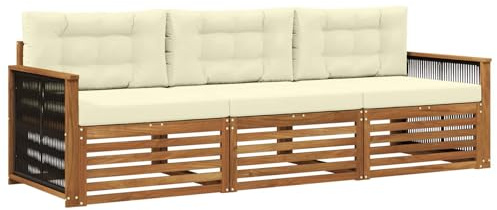 vidaXL Outdoor-Sofagarnitur mit Kissen 3 pcs Natur und Creme, Outdoor Lounge, Moderne Ecksofa, Gartenmöbel, Terrassen-Sitze, Komfortables Set für Wohnräume