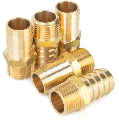 LTWFITTING Brass 1/2-Inch Male BSPT x 19mm Hose Barb Coupler Adapter Fitting for Vehicle Fuel System, HVAC System (Pack of 5)