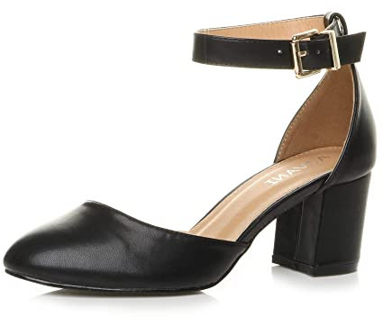 Ajvani Womens Ladies Low mid Block Heel Ankle Strap Court Shoes Sandals, Black Matte, 6 UK