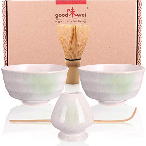 Goodwei Juego de té Matcha para dos - Bol de té, batidor y soporte incl. Caja de regalo (Shiro), Cerámica, 2x 180 ml