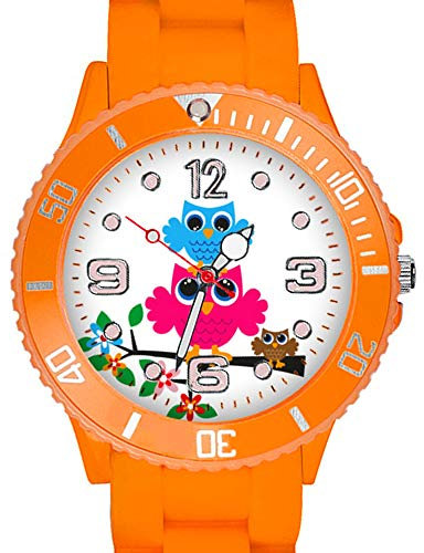 Taffstyle Kinder Armbanduhr Silikon Sportuhr Bunte Sport Uhr mit Blumen Eulen Familie Motiv Analog Quartz Little 34 mm Orange