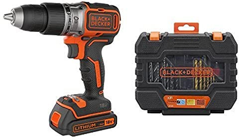 Black+Decker Akku-Schlagbohrschrauber, Bohrmaschine (18 V 1.5Ah, mit bürstenlosem 2-Gang-Getriebe, LED Arbeitslicht) + 31-tlg. Bit- und Bohrer-Set