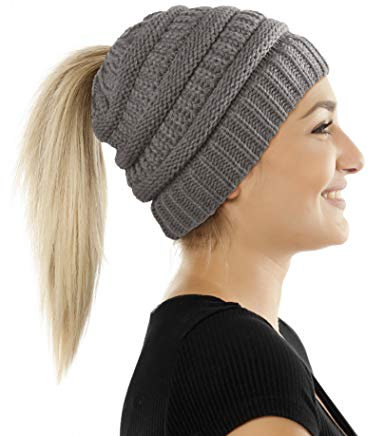 Balinco Damen & Mädchen Strickmütze mit Zopfloch - gestrickte Wintermütze (5a) (Grau)