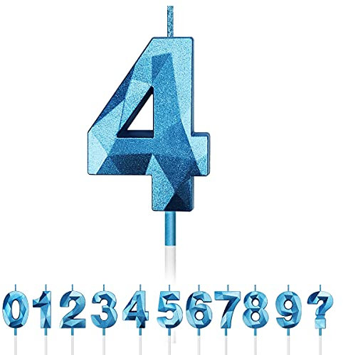 Geburtstag Nummer Kerzen, 3D Diamant Form Kuchen Kerzen Zahl 0 1 2 3 4 5 6 7 8 9 Glitzer Kuchen Topper Dekoration für Hochzeit Geburtstag Jubiläum Feier Abschluss (Blau, 4)