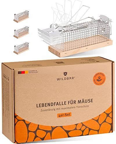 Wildbär Lebendfalle für Mäuse 4 Stück - Tierfreundliche Mausefalle aus Edelstahl und Fichtenholz
