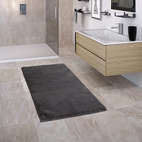 Paco Home Tappeto Bagno Tappetino Da Bagno Tappeto Doccia Shaggy Antiscivolo Morbido Lavabile Motivo Monocolore, Dimensione:60x100 cm, Colore:Antracite