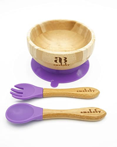 Amonev Bamboo Baby Bowls with Suction Spoon and Fork Set. Bowls Secure in Place Making Mealtime a Joy Natural Bamboo BPA Free Bowl is Also Easy to Clean (Purple)