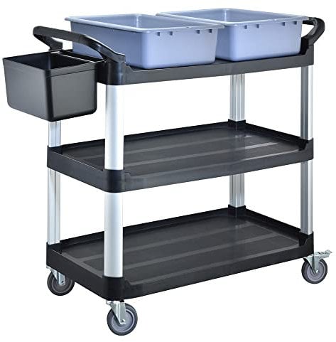 BPT Servierwagen mit 3 Böden Partition Küchenwagen,Tragfähigkeit 250 kg,Reinigungswagen im Restaurant,Hotel Schul Küche Abräumwagen Rollwagen (Servicewagen mit Becken&Eimer)