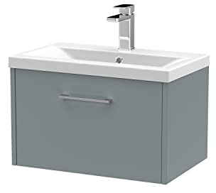 Hudson Reed JNU2322A Juno Modern Bathroom Wall Hung Single Drawer Vanity with Mid-Edge Ceramic Basin, 600mm, Matt Coastal Grey