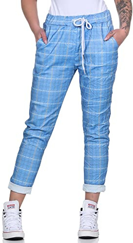 MATY FASHION Damen Freizeithose Moderne Jogginghose Relax Pants Boyfriend mit Kordelzug 43 (Karo Hellblau)