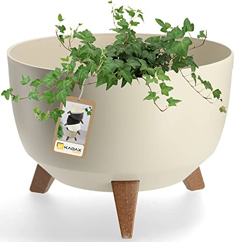 KADAX Vaso Rialzato in Plastica per Piante da Interno ed Esterno, Coprivaso Decorativo con Piedistallo Simil-Legno e Design Moderno (33 cm, Beige)