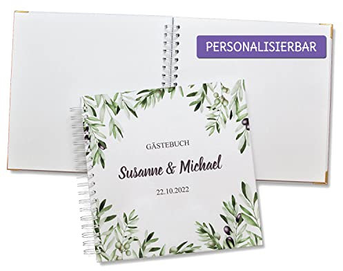 FEENSTAUB Gästebuch Hochzeit, Hochzeitsgästebuch personalisiert [Handmade] Ringbuch made in Austria, Hochzeit Gästebuch blanko, Fotoalbum Olivenzweige, Hochzeitsbuch, Geschenk Hochzeit