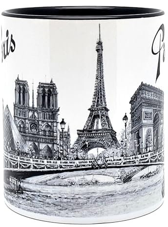 DESSAPT Arts - Monuments de Paris - Mug Céramique 325ml - Tasse-cadeau unique avec les magnifiques paysages parisiens - Imprimé en France - Blanc et noir