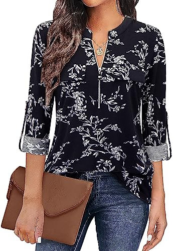 Siddhe Blusa de cuello en V para mujer, manga 3/4, túnica, cremallera, manga larga, camiseta de manga larga, tops, túnica, Flores Blancas, Negras, L