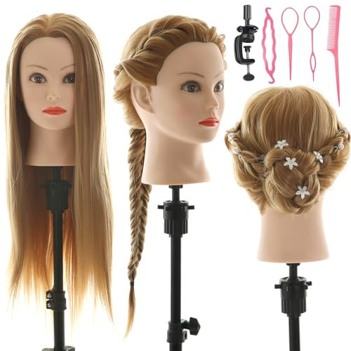 Frisierkopf Friseur Echthaar 100% Synthetisches Haar Friseurkopf übungskopf Friseur 26” Trainingsköpfe Puppenkopf Friseur Kopf Mit Halter + DIY Haare Set